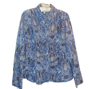 Women's shirt XL cotton blouse blue button down Top Long Sleeve paisley